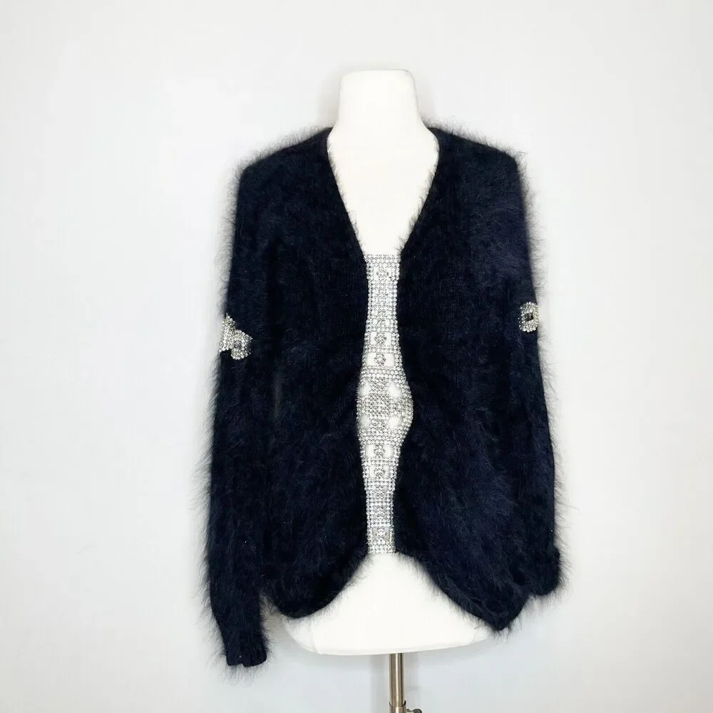 Vintage 90s M Medium Linda‎ Haddad Black Mohair Sweater Rhinestone Cut Out